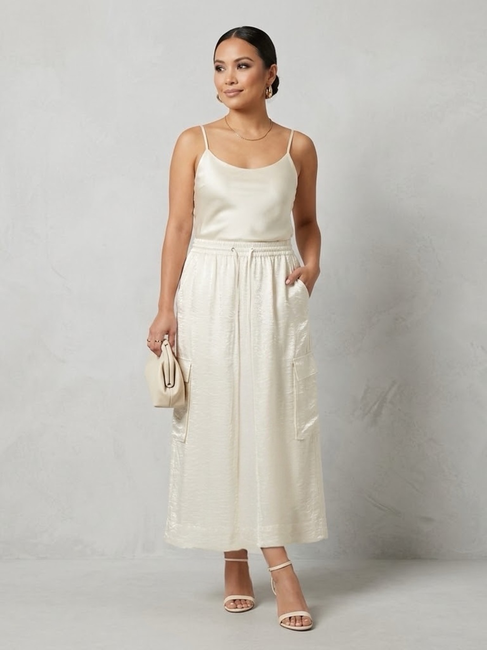 Bar III Pet Large Crema Satin  Cargo Midi Skirt Elastic Drawstring Slit pockets